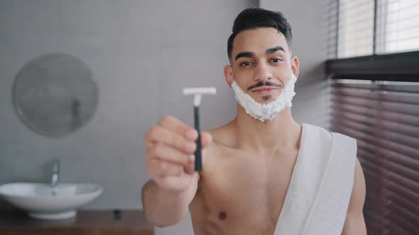 Funny Hispanic Indian Arab Naked Man 30s Bearded Guy Standing in Bathroom at Home with White Soapy alt