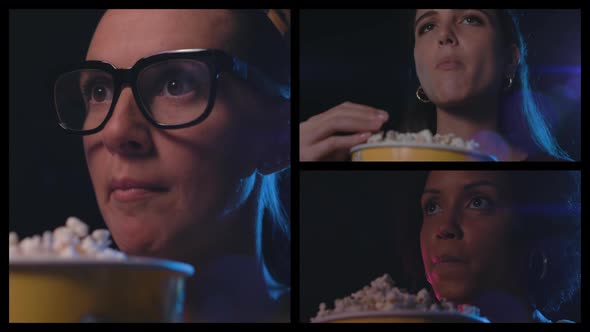 Women watching a thriller movie and eating popcorn at the cinema, video montage