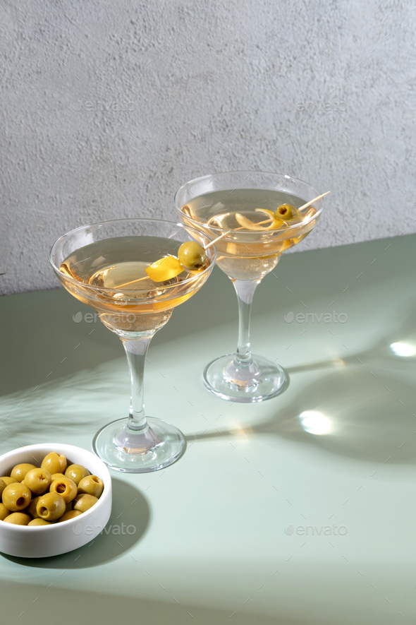 Martini with olives. Classic Shaken Dry Vodka Martini. Space for text