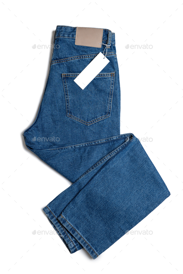 Blue Jeans Pants And Price Tag Isolated On White Background, Mockup