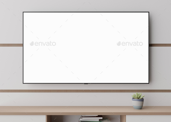 TV mock up. LED TV with blank white screen, hanging on the wall at home. Copy space