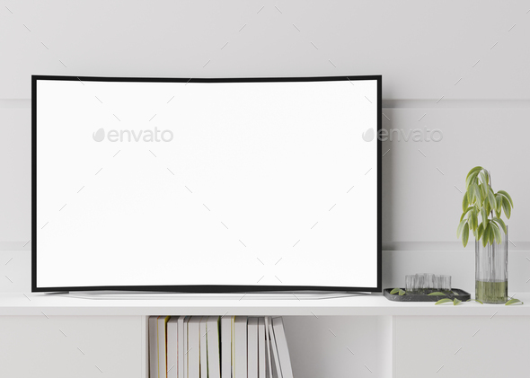 TV mock up. LED TV with blank white screen, standing on the sideboard. Copy space