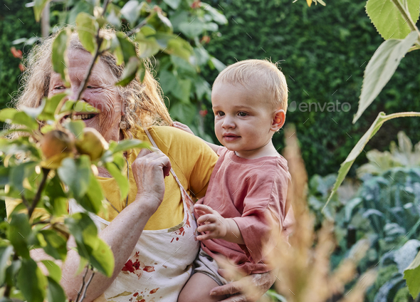 Grandmother holding toddler on hip in garden - Stock Photo - Images