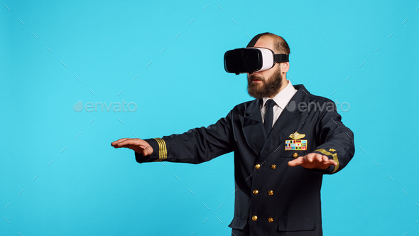 Plane captain using vr glasses interactive vision