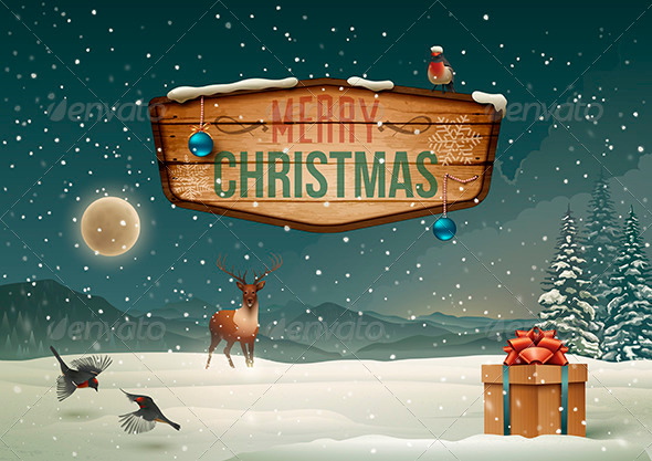 Winter holidays Landscape with Wooden Sign - Christmas Seasons/Holidays
