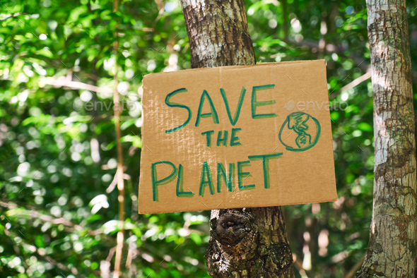 Cardboard sign written Save the planet in the jungle. Concept of environmental conservation