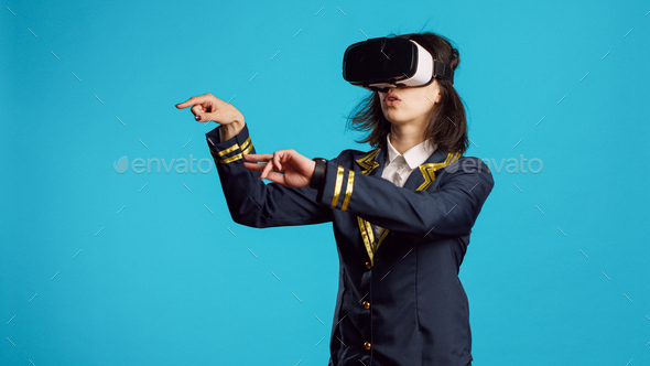 Stewardess using vr headset with interactive vision