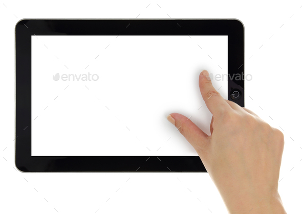 Female hand zoom in on tablet with blank screen isolated