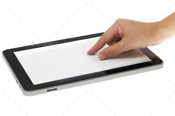 Female hand zoom in on tablet with blank screen isolated