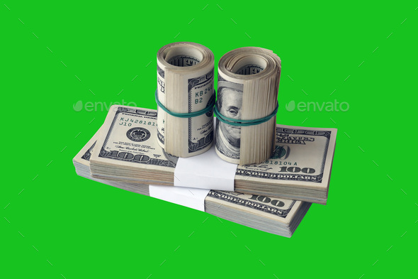 Bundle of US dollar bills isolated on chroma keyer green - Stock Photo - Images