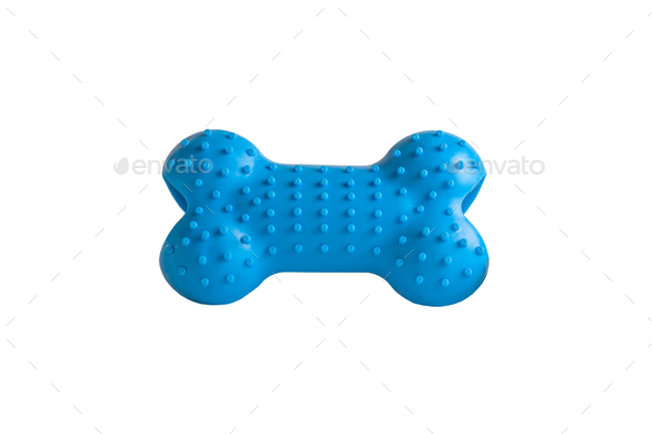 Blue rubber dog\'s bone isolated on white background puppy dog toy imitated bones for relax chewing