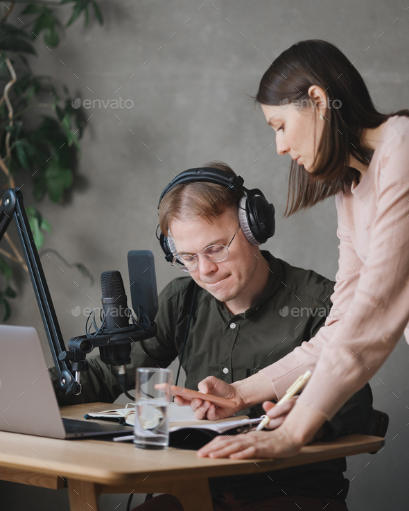 man and woman in studio record podcast, create audio content, advertising message.