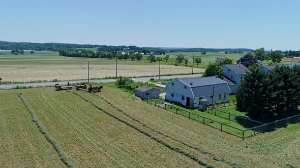 Aerial View of an Amish Farmers with Five Horses Harvesting His Crops and Loading Them on to a Cart alt