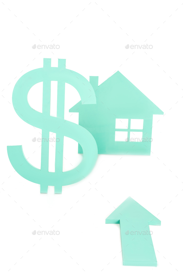 close up view of dollar sign, arrow and house signs isolated n white