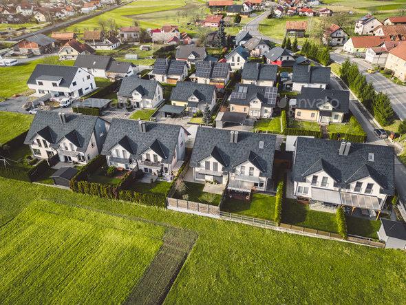 Aerial view of a new build residential houses in the countryside of Slovenia