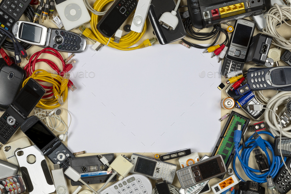 Obsolete electrical waste for recycling - Space for Text.
