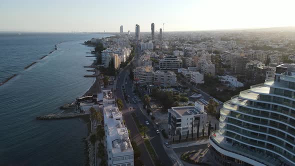 Embankment of Limassol in Cyprus. Modern architecture and old town. Skyscrapers