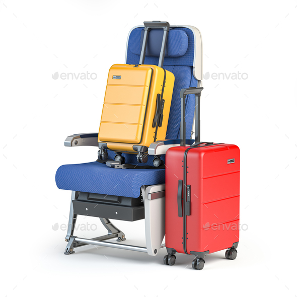 Aircraft sear with two travel suitcases. Passangers baggage rules