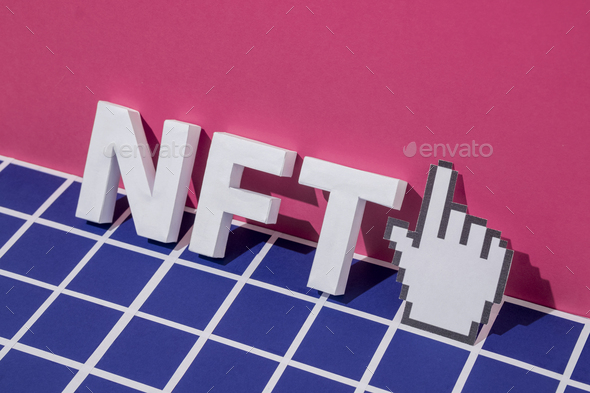 NFT letters symbol 3D text and pixel mouse cursor finger pointer - Stock Photo - Images