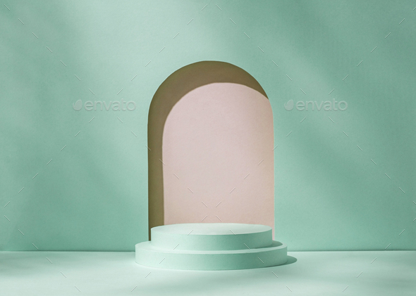 Template podium mockup with cylinder pedestal and niche arch. - Stock Photo - Images