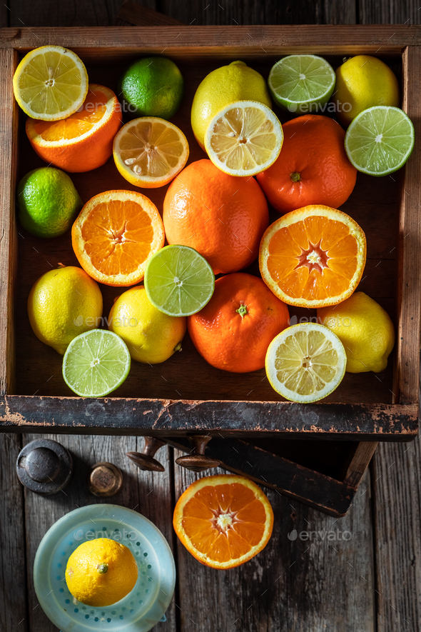 Healthy mix of citrus fruits with oranges, lemons and limes.