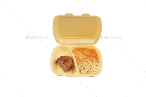 Chicken and pasta in a plastic box for delivery. - Stock Photo - Images