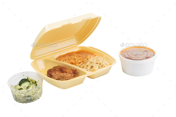 Chicken and pasta in a plastic box for delivery. - Stock Photo - Images