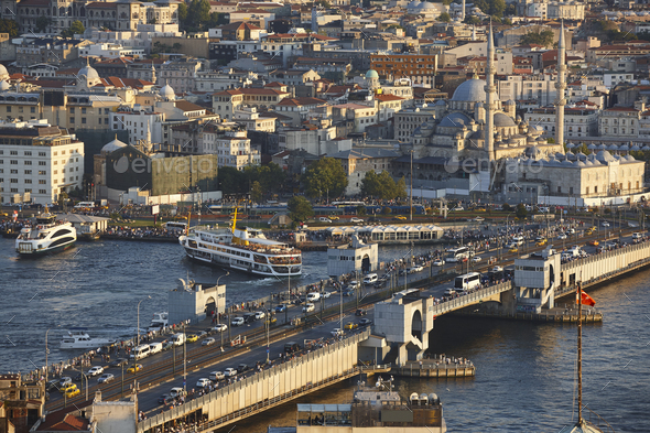 Vehicle and maritime traffic in Galata bridge strait. Istanbul, Turkey