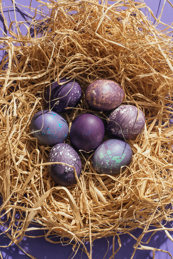 top view of traditional purple easter eggs in straw nest Stock Photo by  LightFieldStudios