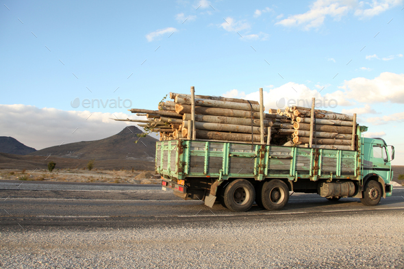 The truck is carrying timber. Timber export and shipping concept.