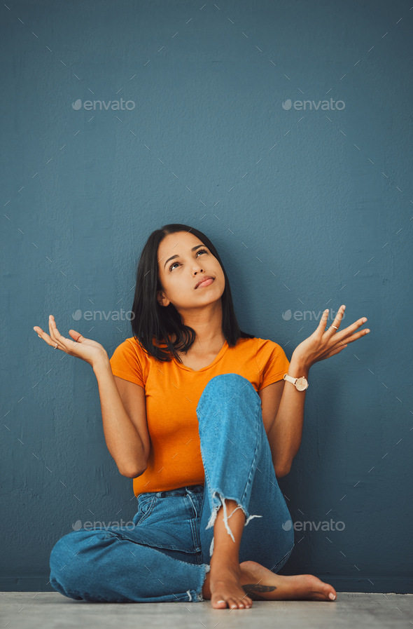 Woman, thinking and question why in studio for opportunity, ideas and decision on mockup background