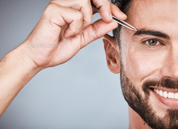 Cosmetics, man and eyebrows tweezers for skincare, beauty and grooming on grey studio background. P