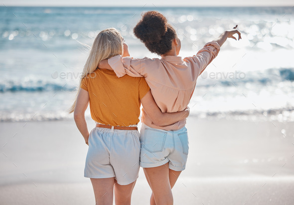 Woman, friends and hug in relax at the beach for summer vacation, travel or journey together in the