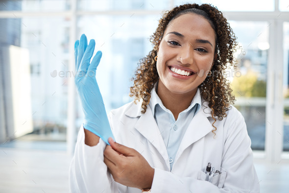 Black woman, scientist and medical research, gloves and hand, smile in portrait with safety and hea