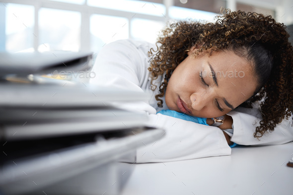 Science, tired and scientist sleeping in lab after working on innovation experiment, test or resear