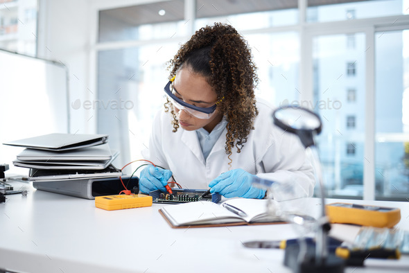 Computer hardware, repair and black woman electrician working on electronic cpu, circuit and chip.