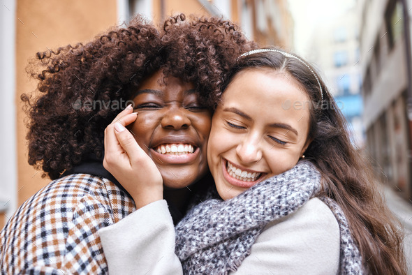 Women, friends and hug on street in city with smile, happiness and ...