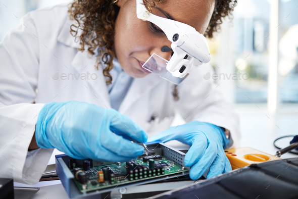 Computer hardware, programming and black woman electrician working on cpu, circuit and microchip. I