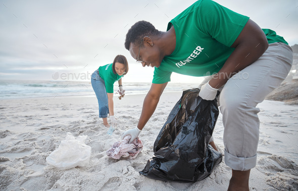 Friends, cleaning and recycling with people on beach for sustainability, environment and eco friend