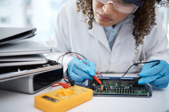 Computer hardware, diagnostic and black woman electrician working on electronic cpu, circuit and mi
