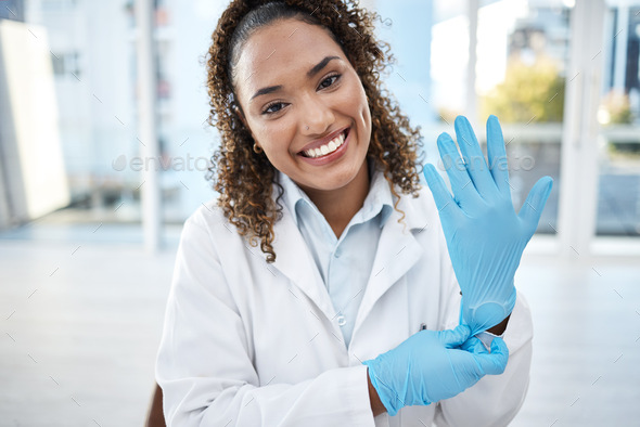 Black woman, scientist and medical research, gloves and hands, smile in portrait with safety and he