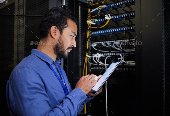 Database tablet, server room and engineer man looking at research for maintenance or software updat