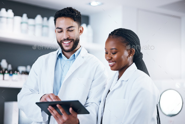 Science research, tablet and scientist people with pharmaceutical report, medicine data and digital