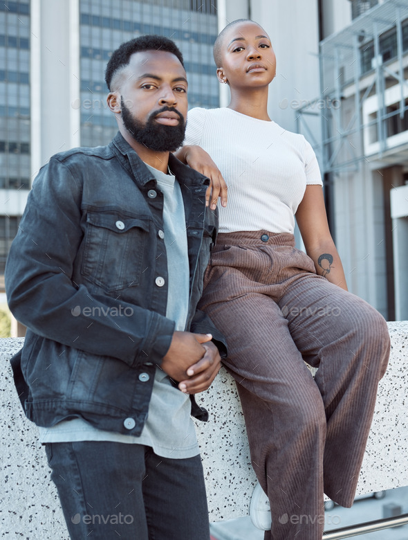 Beauty, fashion and portrait of black couple in city for love, support and summer break. Urban, coo