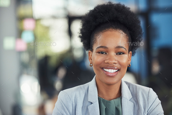 Portrait, business and smile of black woman in office ready for company ...