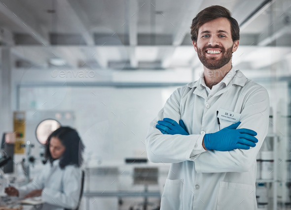Scientist, portrait and man in lab with science and research for medical innovation or biotechnolog