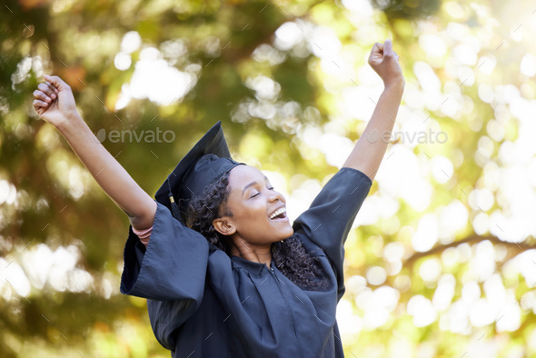 College graduation, celebration and black woman with hands to celebrate ...