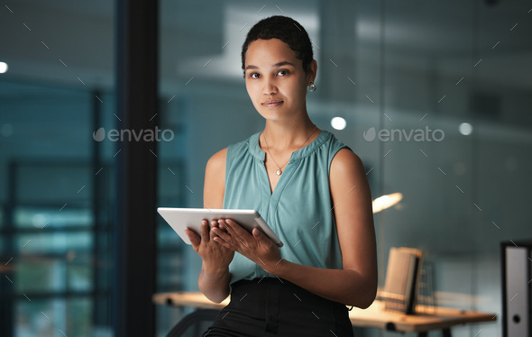 Business tablet, night portrait and black woman review finance budget, stock market database or eco