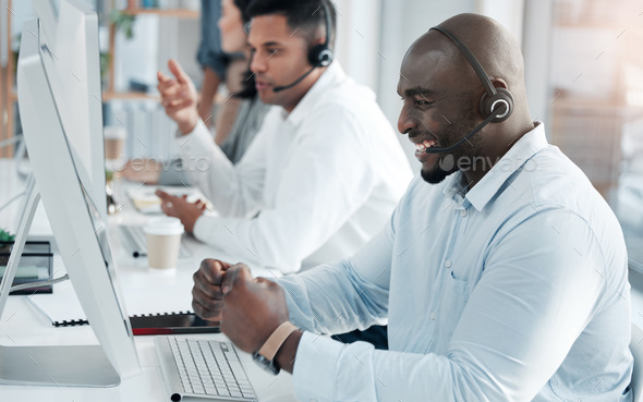 Success, consulting and call center with black man at computer for deal, customer service and telem