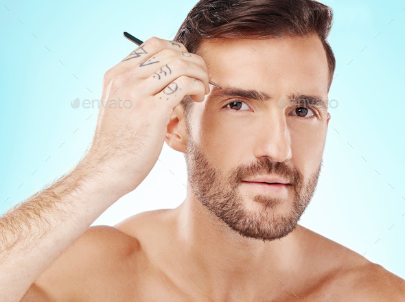 Grooming, eyebrows and tweezers with face of man for beauty, hygiene and hair removal. Cosmetology,
